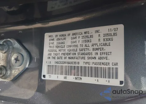 2008 Honda Accord 3.5 Ex-L из США, поврежденный, VIN 1HGCS22818A003518